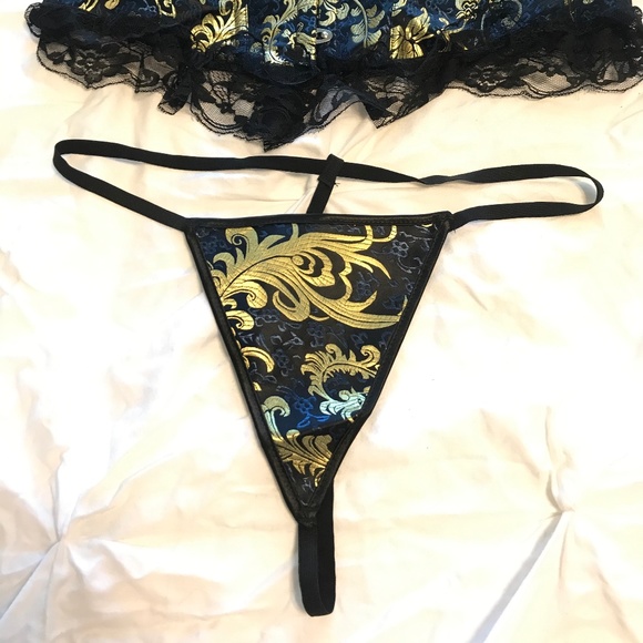 Sexy Gold&Navy Blue Corset w/ Matching Thong - Picture 2 of 6